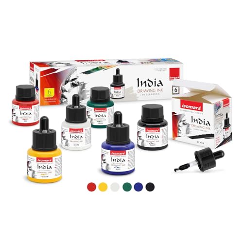 Image of Isomars Waterproof Drawing Ink Set of 6 - 35ml Each (with Dropper) | Suitable for Calligraphy, Art, Technical Drawing, Airbrush Art, Illustration | Fade-Resistant & Quick-Drying