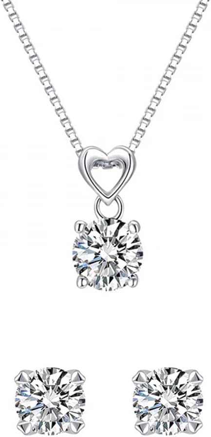 Platinum Plated Solitaire Diamond Pendant Necklace Jewellery Set Gifts for Women and Girls (White) (14624s)