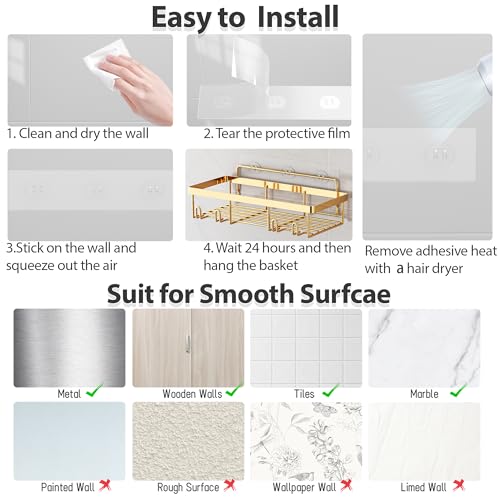 Image of Liuoud 5 Pack Shower Caddy Organizer Rack Shelf for Inside Shower, Self Adhesive Wall Storage Basket Rustproof Stainless Steel Shampoo Holder Bathroom Accessory Decor Set, Gold