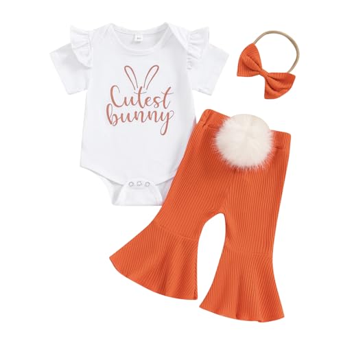 Newborn Easter Outfit Girl Bunny Onesie Short Sleeve Romper Pompon Bell Bottoms Set My First Easter Baby Girl Outfit(A-White,0-3 Months)