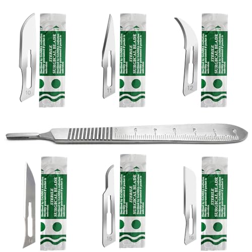 All-Purpose 60 Pcs Sterile Blades #10#11#12#14#15#16 + Stainless Steel Scalpel Handle No 3 with Scale for Dermaplaning, Handicraft Repairs, Trimming