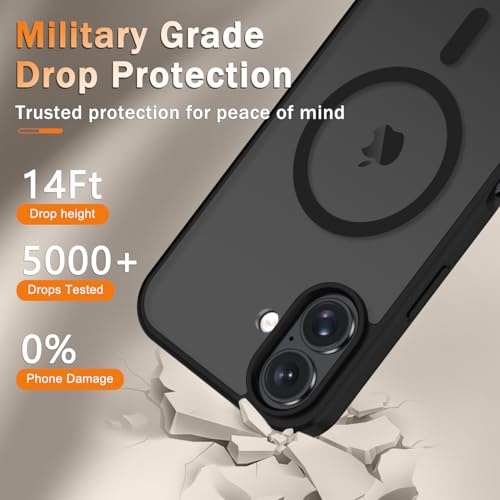 Image of YENAPOON for iPhone 16 Plus Case, Matte Magnetic Phone Cover [with 1 Screen Protector] [Support for MagSafe] [Shockproof Military Grade Protection] Translucent Frosted Back, Black