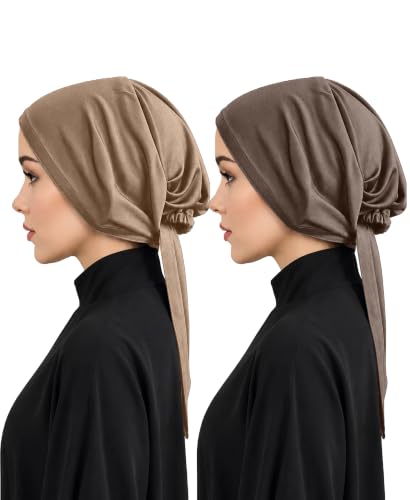 Image of Mehar Women's Hair Ponytail Cap Set of 2 | Soft Stretchable Polyester Hijab Inner Cap | Adjustable Tie-Back | Scarf & Helmet Inner | One Size Fits All