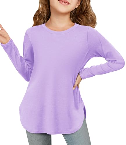 Image of Haloumoning Girls Long Sleeve T Shirts Kids Crewneck Tops 5-14 Years | Solid Color, Casual Loose Fit, Basic Tees, Curve Hem, Side Slit, Soft Tunic Tops, Fashion Clothes