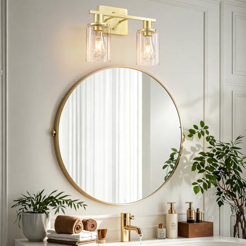 Image of 2-Light Gold Bathroom Vanity Light,Brushed Gold Bathroom Light Fixtures Over Mirror with Clear Glass Shade,Modern Wall Sconces Lighting for Kitchen Living Room Cabinet Hallway