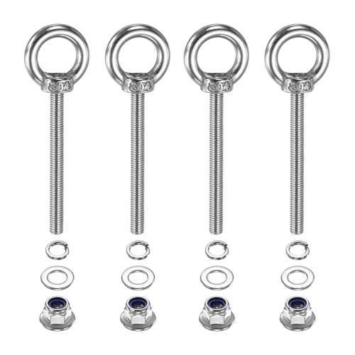 Image of PATIKIL M5 x 50mm Shoulder Eye Bolt, 4 Pcs 304 Stainless Steel Lifting Ring Threaded Eye Bolt with Flange Lock Nuts Spring and Flat Washers for Hanging Tie Down Straps Outdoor Indoor
