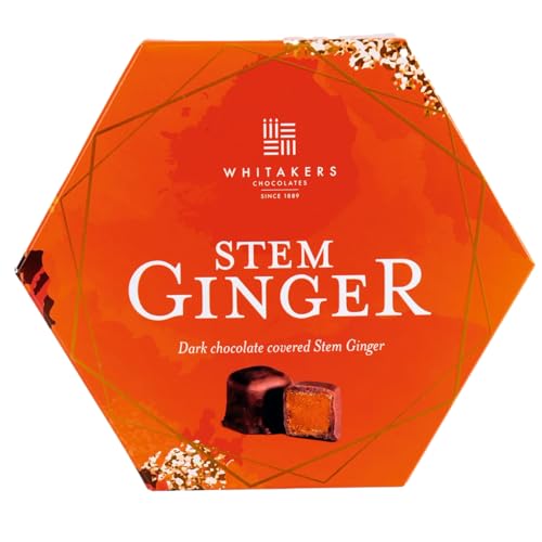 Whitakers Dark Chocolate Covered Stem Ginger in Gift Box 180g - Suitable for Vegetarians Gluten Free.