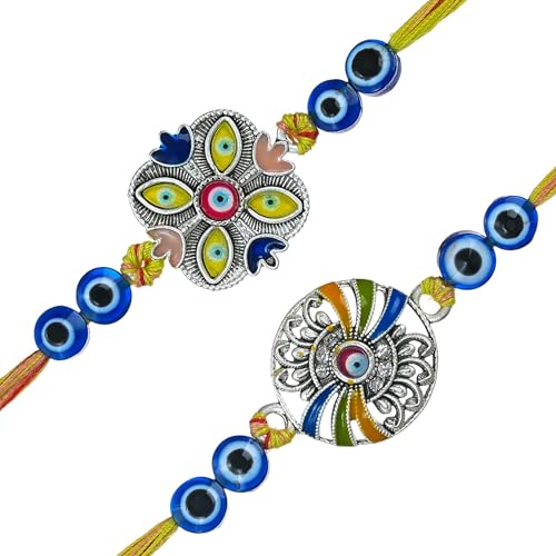 Image of eCraftIndia Handcrafted Evil Eye Beautiful Floral Rakhi for Brother Bhaiya Bhai with Best Bro Ever Fridge Magnet | Roli Chawal Pack