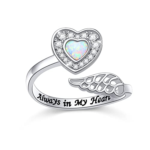 925 Sterling Silver Angel Wing Ring for Women Girls Mother Daughter Jewelry Hug Heart Ring with Message Wrap Open Ring Lap Opal Rings Adjustable Size