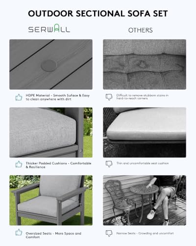 Image of SERWALL HDPE Outdoor Patio Furniture Set Outdoor Couch | All Weather Outdoor Sectional with Coffee Table, Gray Frame & Gray Cushions