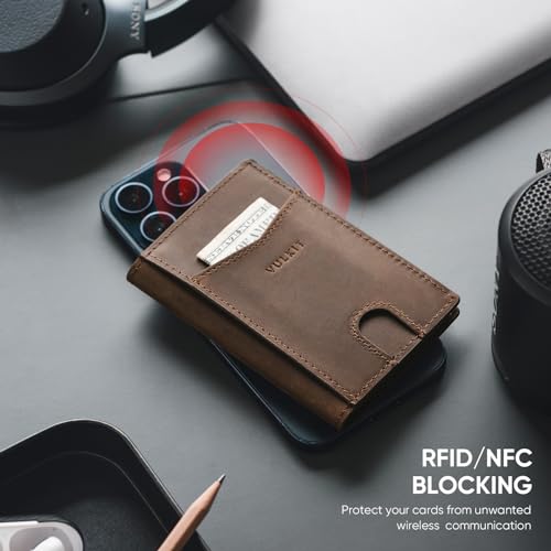 Image of VULKIT Bifold Front Pocket Slim Wallet RFID Blocking Minimalist Thin Genuine Leather Credit Card Holder Wallet for Men and Women Dark Brown