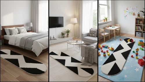 Image of Fluffy Silky Micro Fiber Polyster Carpet /Runner for Bedroom, Study Room, Playing Room, Guest Room ETC. 2x5 Feet, (Black and Ivory Chevron Pattern)