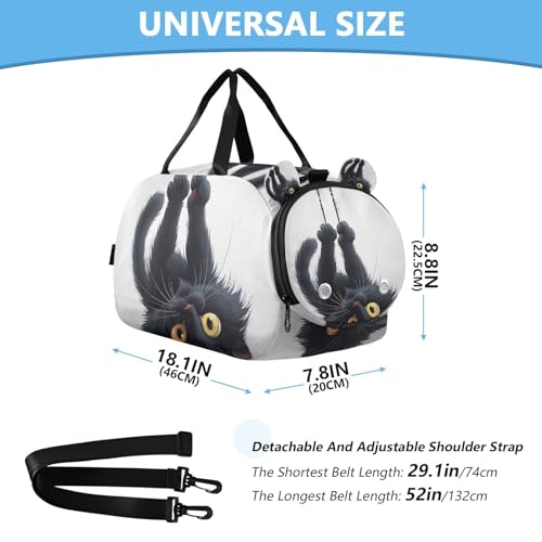 YETTASBIN Sport Travel Duffel Bag for Girls Boys, Black Cat Large Waterproof Weekender Overnight Bag, Detachable Shoulder Strap Gym Bag with Shoe Compartment & Wet Pocket3