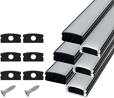 HAMRVL 6-Pack 30cm Led Channel Diffuser Black Aluminum with Mliky White Cover U Shape 17.2x7mm,Led Strip Light Track with End Caps and Mounting Clips Accessories,Aluminum Profile for Led Strip Lights