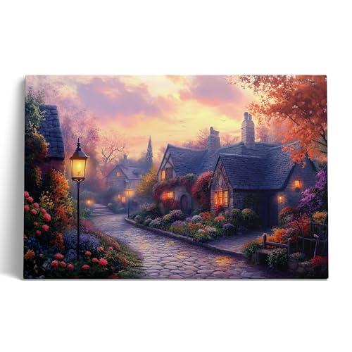Thomas Kinkade Inspired Landscape Wall Art Classic American Countrystyle Framed Canvas Painting Artwork for Home Bedroom Office Decor Ready to Hang(Evening Silence Glow, 40x27, Wrapped Canvas)