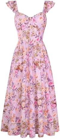 GRACE KARIN Wedding Guest Dresses for Women,Spaghetti Strap Floral Corset Dress,Maxi Milkmaid Dress, Purple With Delicate Floral, L
