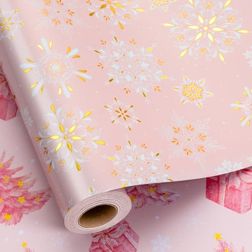 MAYPLUSS Reversible Christmas Wrapping Paper Roll, Pink and Gold Wrapping Paper, Metallic Foil Girly Snowflake, Tree & Present Christma Gift Wrap for Gilr Women Holiday Celebration (17 Inch X 33 Feet)