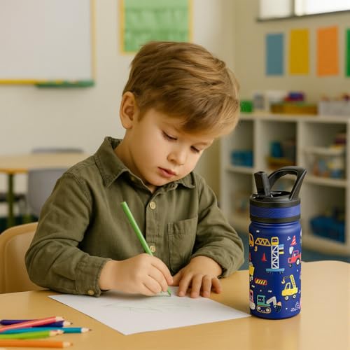 Fanhaw 420 ml Kids Insulated Water Bottle with Straw - Stainless Steel Double Wall Vacuum Cup, Leakproof, BPA Free, Suitable for Boys and Girls(Blue - Under Construction)
