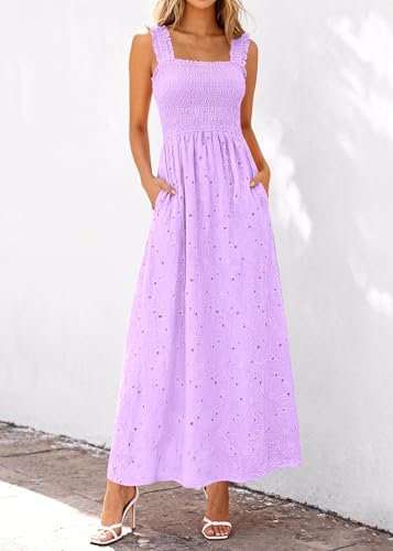 Image of KIRUNDO Summer Lace Dress for Women Eyelet Maxi Sundress | Boho Sleeveless Cotton Flowy Long Dresses, Wedding Guest, Beach Vacation, Baby Shower Guest Dress, Smocked Bust, With Pockets