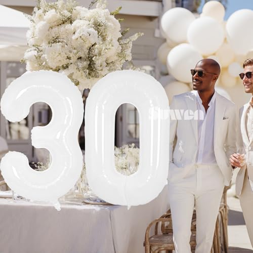 Image of SUWEN 40 Inch White Large 30 Balloon Number Big Foil Helium Numbers 0-9 | Giant Jumbo Happy 30th Birthday Party Decorations for Men or Women Huge Mylar Anniversary Party Supplies