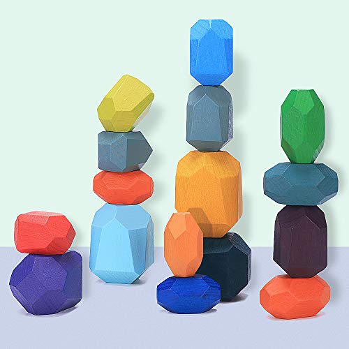 Japace 16Pcs Wooden Stacking Toys Stones, Rainbow Natural Colored Stone Stacking Blocks for Toddlers Balancing Toy, Creative Sorting Puzzle Game Educational Montessori Toy and Decorations