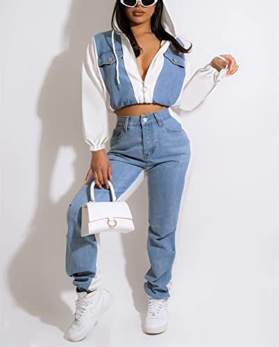 Two Piece Outfits For Women Sweatsuits Set Fall Winter - Women 2 Piece Workout Sets Long Sleeve Casual Denim Hoodie Sweatshirt Crop Top Bodycon Long Pants Set Sports Tracksuits With Pockets White, Xxl #TOP1