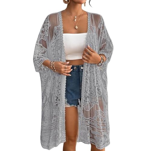 Bsubseach Lace Kimonos for Women 2025 Swim Cover Up Summer Beach Coverup Open Front Sheer Kimono Cardigan Grey One Size