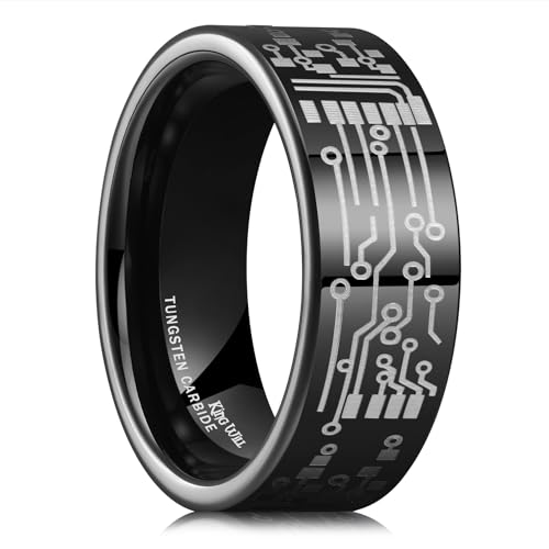 King Will 8mm Mens Tungsten Ring Black Wedding Band for Men Circuit Board Lasered Fashionable Rings for Daily Wear Polished Pipe Cut Size 10