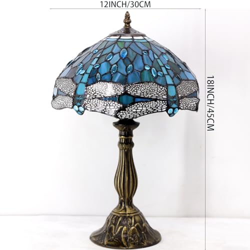 Image of WERFACTORY Tiffany Lamp Green Blue Stained Glass Bedside Table Lamp 18 Inch