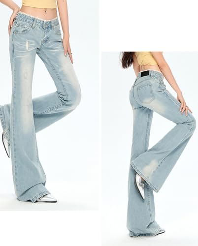 Womens Low Rise Lace Trim Stretch Flare Jeans Y2K Ripped Distressed Bootcut 90s Bell Bottom Washed Denim Pants2