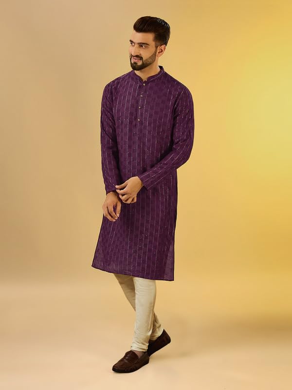 Image of KISAH Men's Kurta Churidar Set, Burgundy Pure Cotton, Embroidered Regular Fit Mandarin Collar Long Sleeves (S)