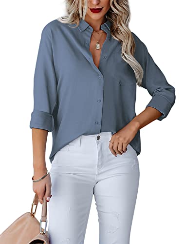 Diosun Womens Button Down Shirts V Neck Long Sleeve Office Casual Business Plain Blouse Tops With Pocket (Medium, Blue Grey) #TOP1