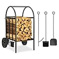 Kingsyard Firewood Log Cart, Outdoor Indoor Firewood Rack Storage Mover with Solid Rubber Wheels, Heavy Duty Steel Wood Hauler, Firewood Carrier for Fireplace, Fire Pit (Poker, Brush, Shovel)