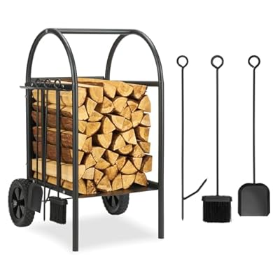 Kingsyard Firewood Log Cart, Outdoor Indoor Firewood Rack Storage Mover with Solid Rubber Wheels, Heavy Duty Steel Wood Hauler, Firewood Carrier for Fireplace, Fire Pit (Poker, Brush, Shovel)