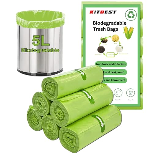 KITBEST Bolsas de Basura Biodegradables y Compostables - 5 Litros x 120 Bolsas Pequeñas de Reciclaje (1.2 Galones) - Para Residuos de Alimentos