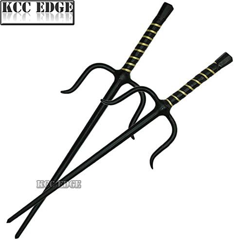 COMBO SET 19" Black Sai + Black Japanese Kami Demon Mask Sai Wall Mount Holder