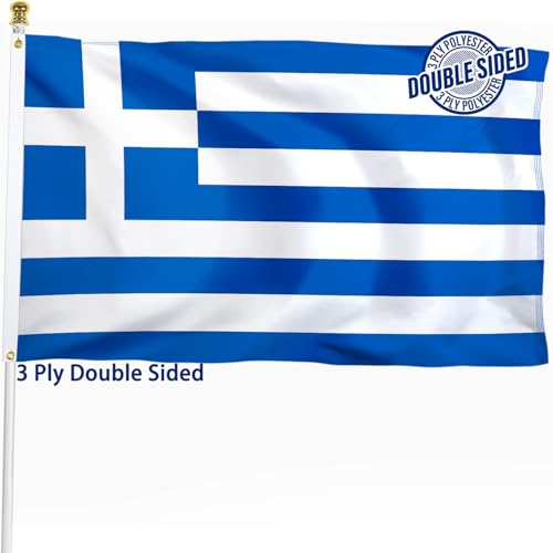 Greece Greek Flag 3x5 ft Outdoor Double Sided 3 Ply Heavy Duty National Flag for GR 100% Quality Polyester Greek Banner with Brass Grommets 4 Rows Stitches