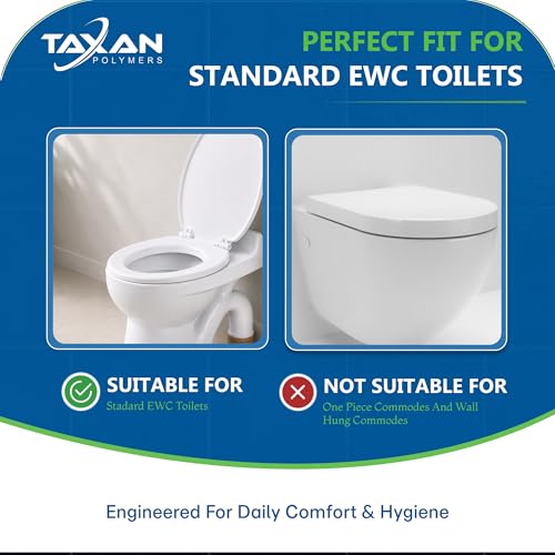 Image of TAXAN Oval Toilet Seat Cover for Standard EWC Commodes | Universal Fit Western Seat with Jet Spray Slot | Durable Non-Soft Close Design | Glossy White | 45 x 38 cm