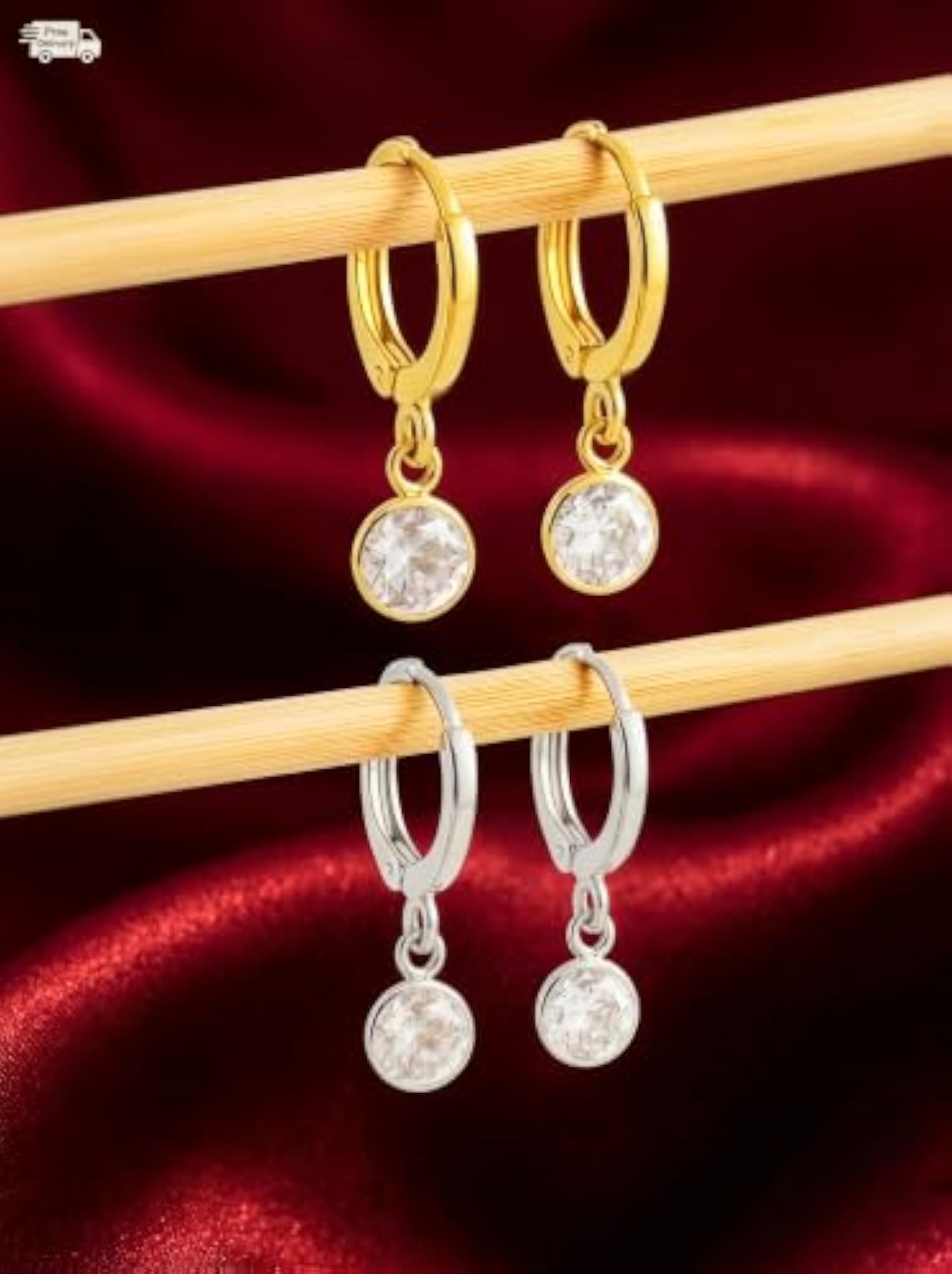 Crystal CZ Charm Hoop Drop Earrings in Gold and Silver