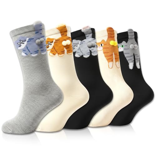 FRVCRS 5 Pairs Cat Socks with Balls, Animal Socks for
