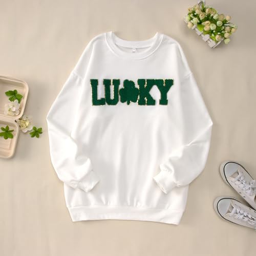 IZYJOY Women St. Patrick's Day Sweatshirt Glitter Patch Lucky Letter Pullover Tops Crewneck Chenille Patch Long Sleeve Top(White,XX-Large)