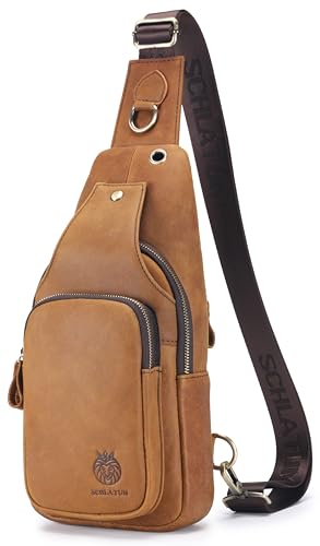 Image of Mens Sling Bag Genuine Leather Crossbody Bags for Men Small Sling Chest Backpack Casual Man Bag Hiking Outdoor, Brown