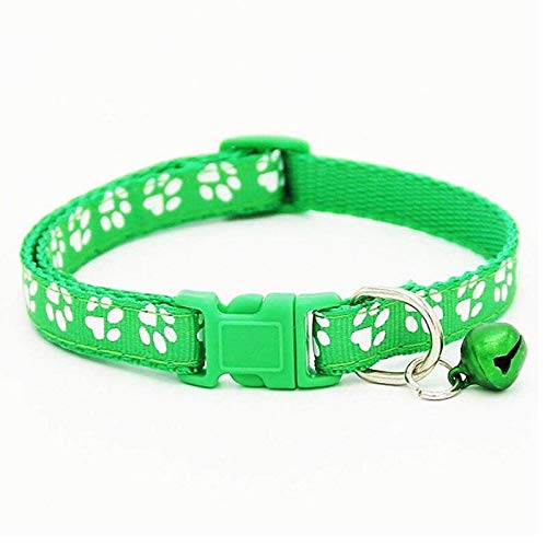 Image of Footprint Cat Collar with Bell Basic Dog Cat Collar I Buckle Adjustable Polyester Cat Dog Collar I with Bell 10 MM (Green Color)