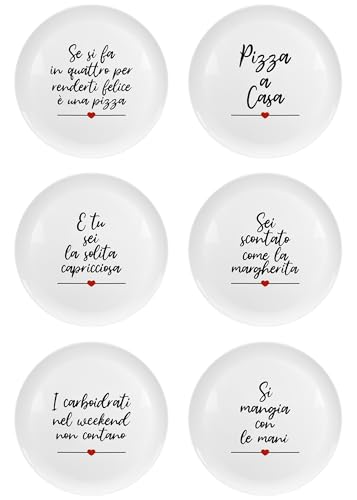 IlGruppone Set di 6 Pezzi Piatti per Pizza Grandi in Melamina Ø 33 Cm Piatto Cucina Pizze Piatti Piani XXL Decorati con Scritte Moderni Certificati Contatto Alimentare
