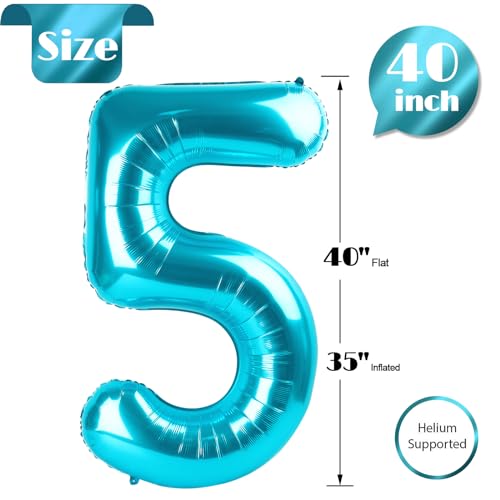 Image of Light Blue Number 5 Balloon 40 Inch, 5th Birthday Party Decorations, Giant 5 Foil Balloon for Party Supplies