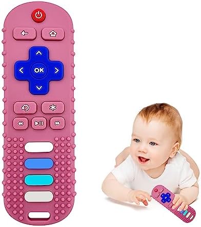 ROBBEAR Baby Teething Toys, Food Grade Silicone Teether for Babies 3 6 12 18 Months, TV Remote Shape Toddlers Chew Toys, Freezer BPA Free (Pink RC)