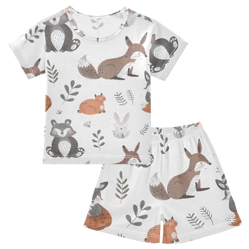 ALAZA Deer Fox Rabbit White Pajamas Short Sleeve 2 Piece Sleepwear Top and Bottom Pajama Set Unisex