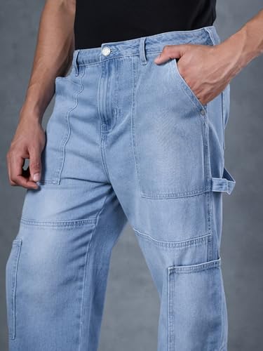 Image of Bewakoof Men Mid Rise 100% Cotton Solid Straight Fit Jeans|Straight Fit Jeans - Regular Fit | Classic Denim Pants | Everyday Casual