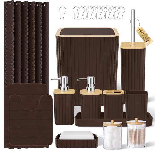 XLHOMO Bathroom Accessories Set - 25PC Brown Bathroom Set Bathroom Set with Shower Curtain and Rugs Brown Shower Curtain Set Toilet Brush Bathroom Trash Can