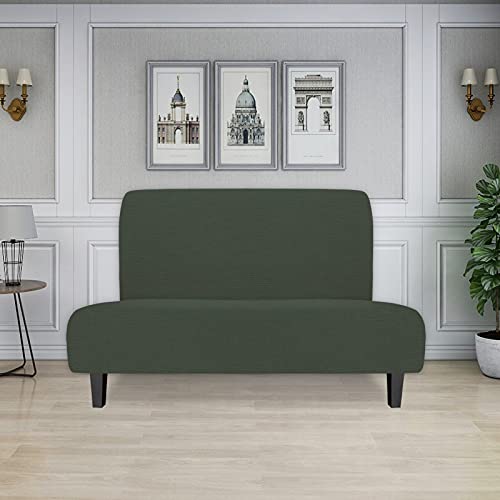 Image of Easy-Going Stretch Medium Futon Slipcover Armless Futon Cover Olive Green | Sofa Bed Furniture Protector Without Armrests with Elastic Bottom for Kids, Soft Jacquard Machine Washable